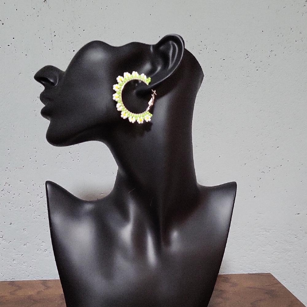 Handmade Floral beaded Earrings – White, Yellow, Green.